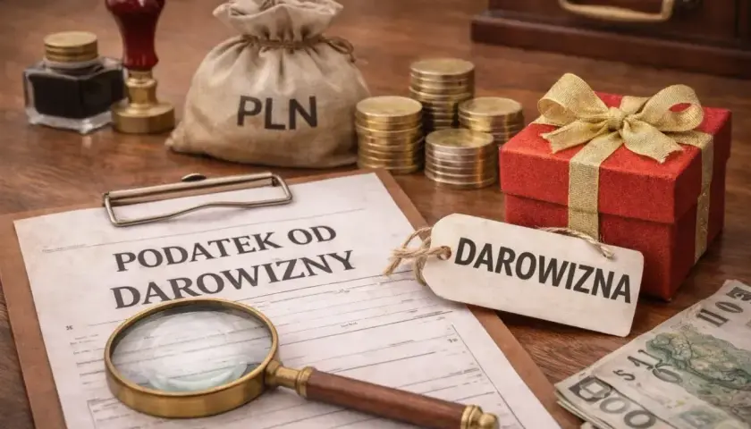Dokument "Podatek od darowizny", lupa, worek z napisem PLN, monety, prezent i pieniądze. Zgłoszenie darowizny od rodziców.