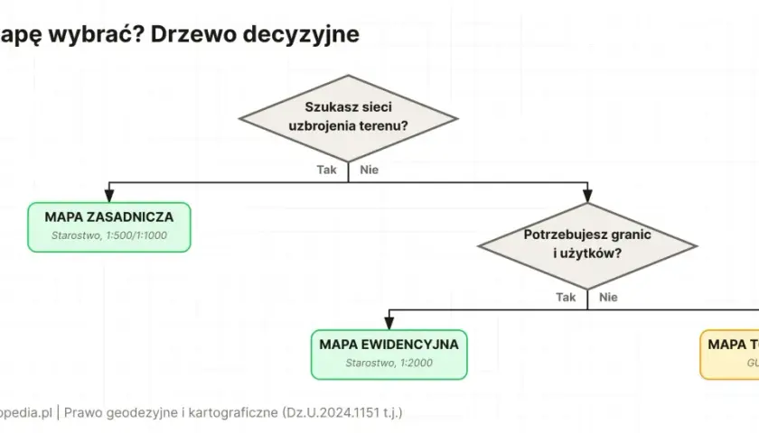 Drzewo decyzyjne pomaga wybrać mapę: zasadniczą, ewidencyjną lub topograficzną, zależnie od potrzeb.
