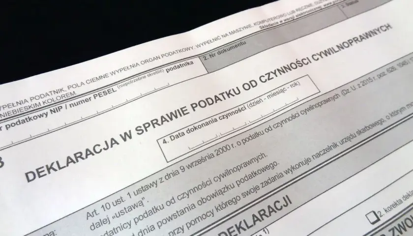 Deklaracja PCC3 dotycząca podatku od czynności cywilnoprawnych. Wypełniony formularz podatkowy.