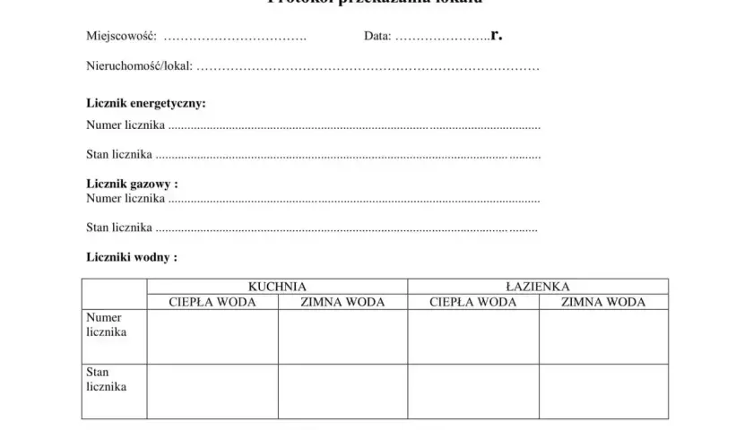 Formularz protokół zdawczo odbiorczy lokalu, zawiera pola na dane nieruchomości, liczniki (energetyczny, gazowy, wodne) oraz klucze.