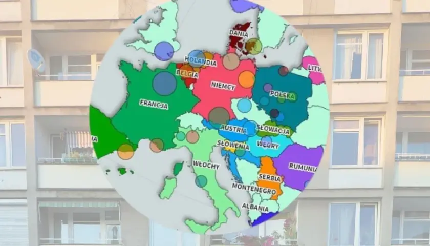 Mapa Europy z zaznaczonymi krajami i okręgami, pokazująca ceny nieruchomości.