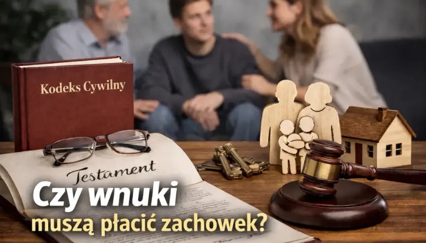 Na stole leży testament, obok Kodeks Cywilny, okulary, klucze, młotek sędziowski i figurki rodziny. W tle rodzina.