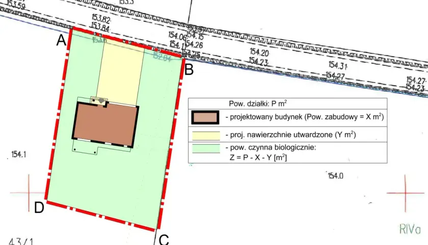Plan działki z zaznaczonym projektowanym budynkiem i jego powierzchnią zabudowy. Wskazane warunki zabudowy.