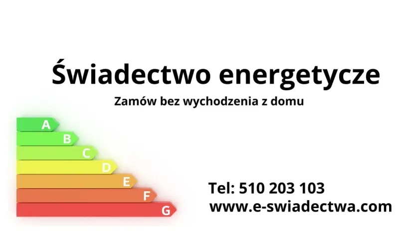 Grafika przedstawia skalę klas energetycznych budynków od A do G oraz tekst "Świadectwo energetyczne".