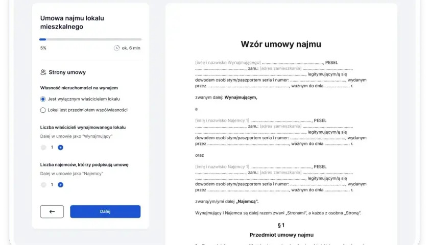 Formularz umowy najmu lokalu mieszkalnego, gdzie można określić dane wynajmującego i najemcy.