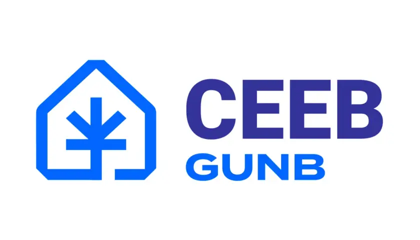 Logo CEEB GUNB - Centralna ewidencja emisyjności budynków. Symbol domu z symbolem energii.
