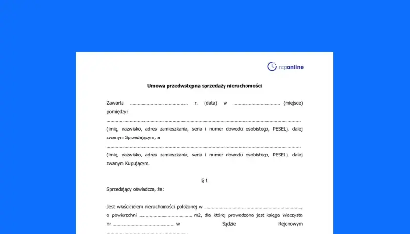 Umowa przedwstępna sprzedaży nieruchomości. Dokument zawiera dane sprzedającego i kupującego oraz oświadczenie sprzedającego o prawie własności.