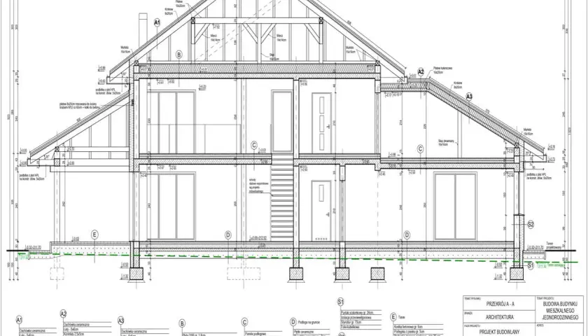 Plany na budowę domu: przekrój architektoniczny z detalami konstrukcyjnymi i materiałowymi.