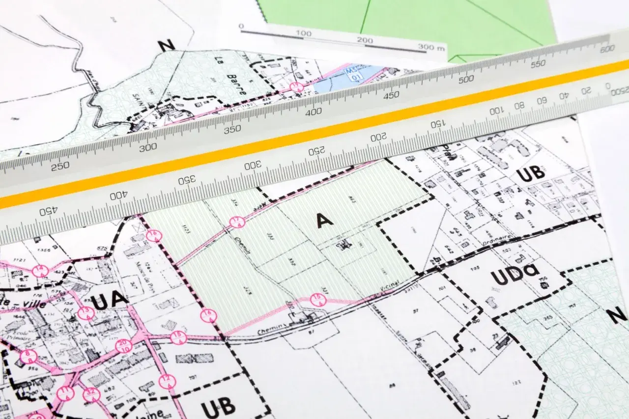 Plan zagospodarowania przestrzennego z naniesionymi strefami i podziałami. Linijka geodezyjna pomaga w precyzyjnych pomiarach.
