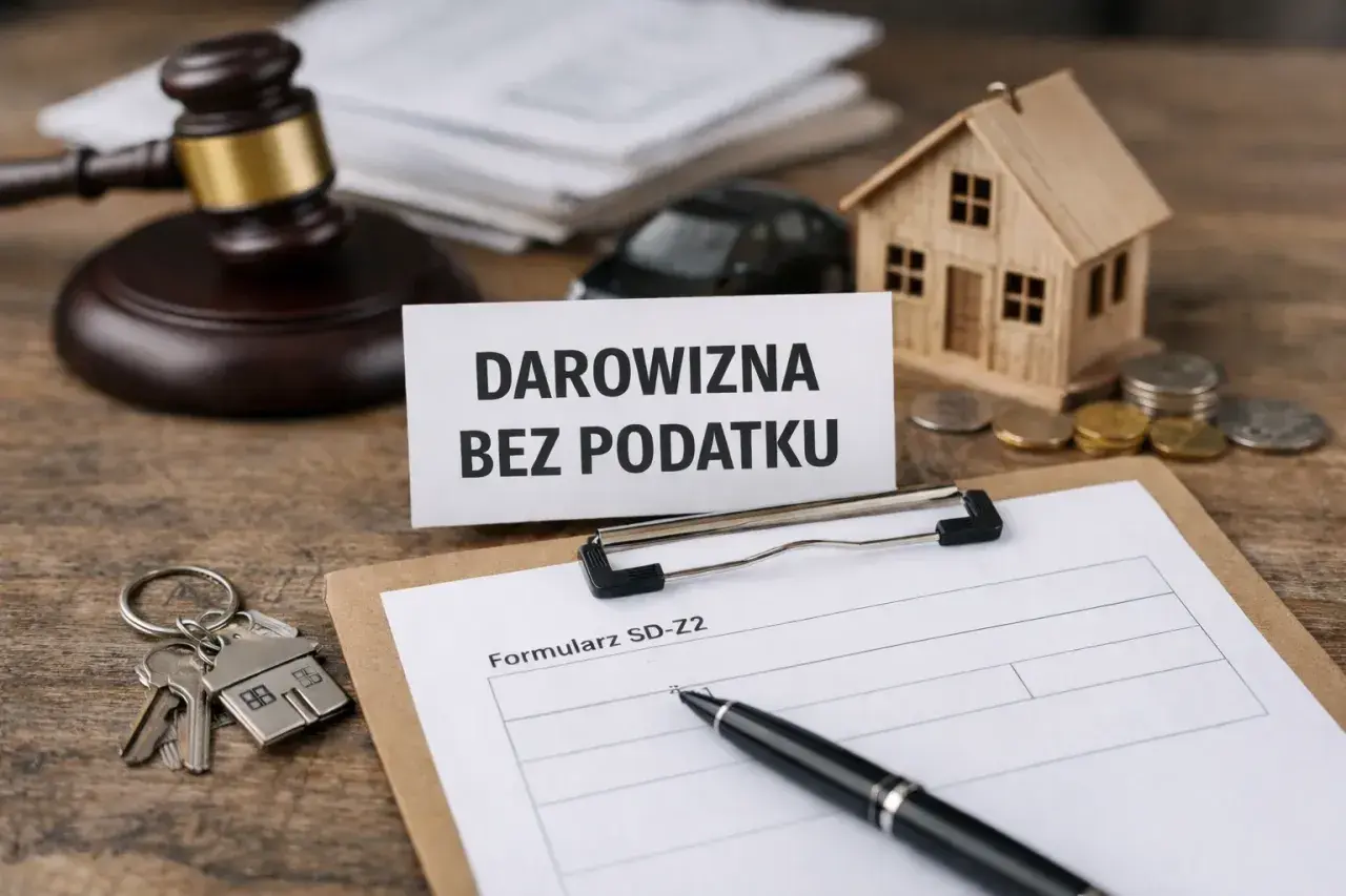 Kiedy nie trzeba zgłaszać darowizny do urzędu skarbowego? Na stole leżą klucze, model domu, monety, młotek sędziowski i formularz SD-Z2.