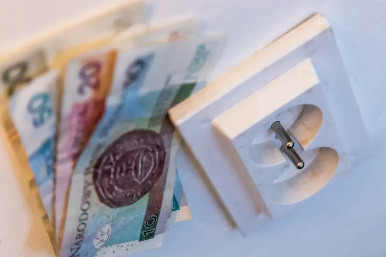 Pieniądze leżą obok gniazdka elektrycznego, symbolizując wysoki rachunek za prąd.