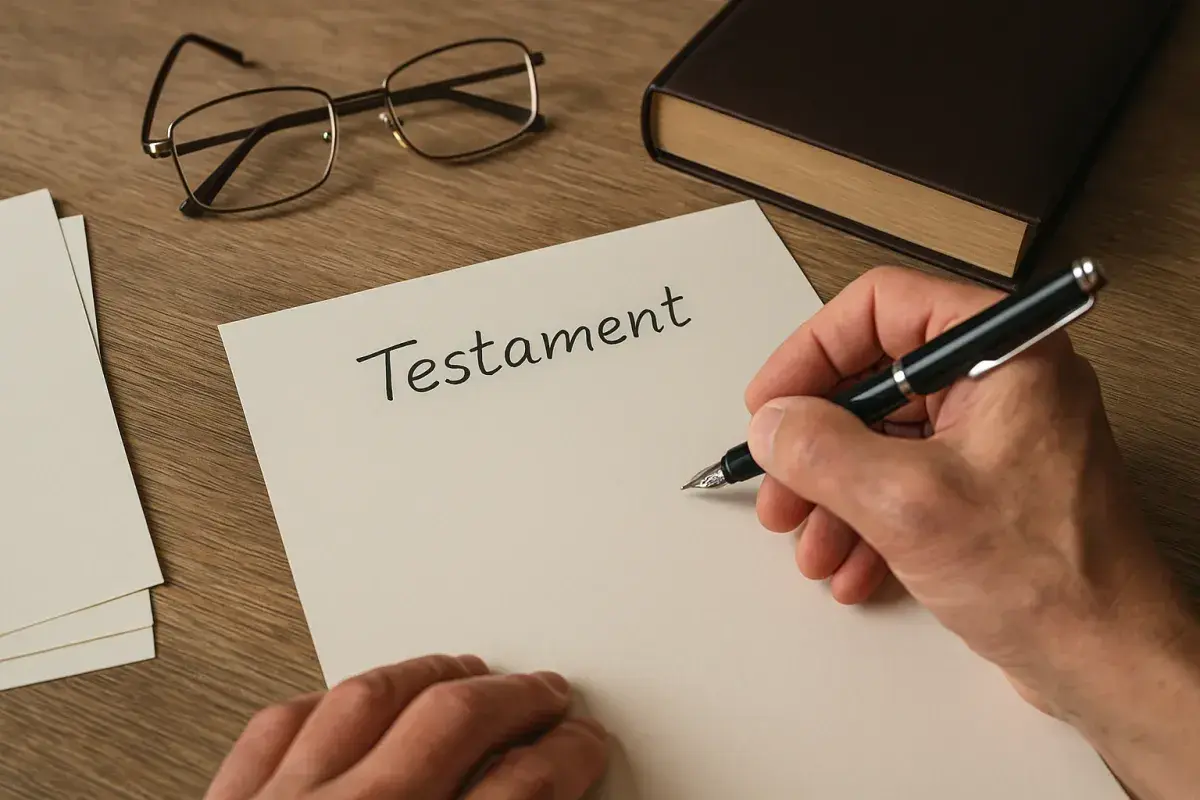 Ręka pisze piórem na papierze słowo "Testament". Obok leżą okulary i gruba księga. To pierwszy krok, jak napisać testament.