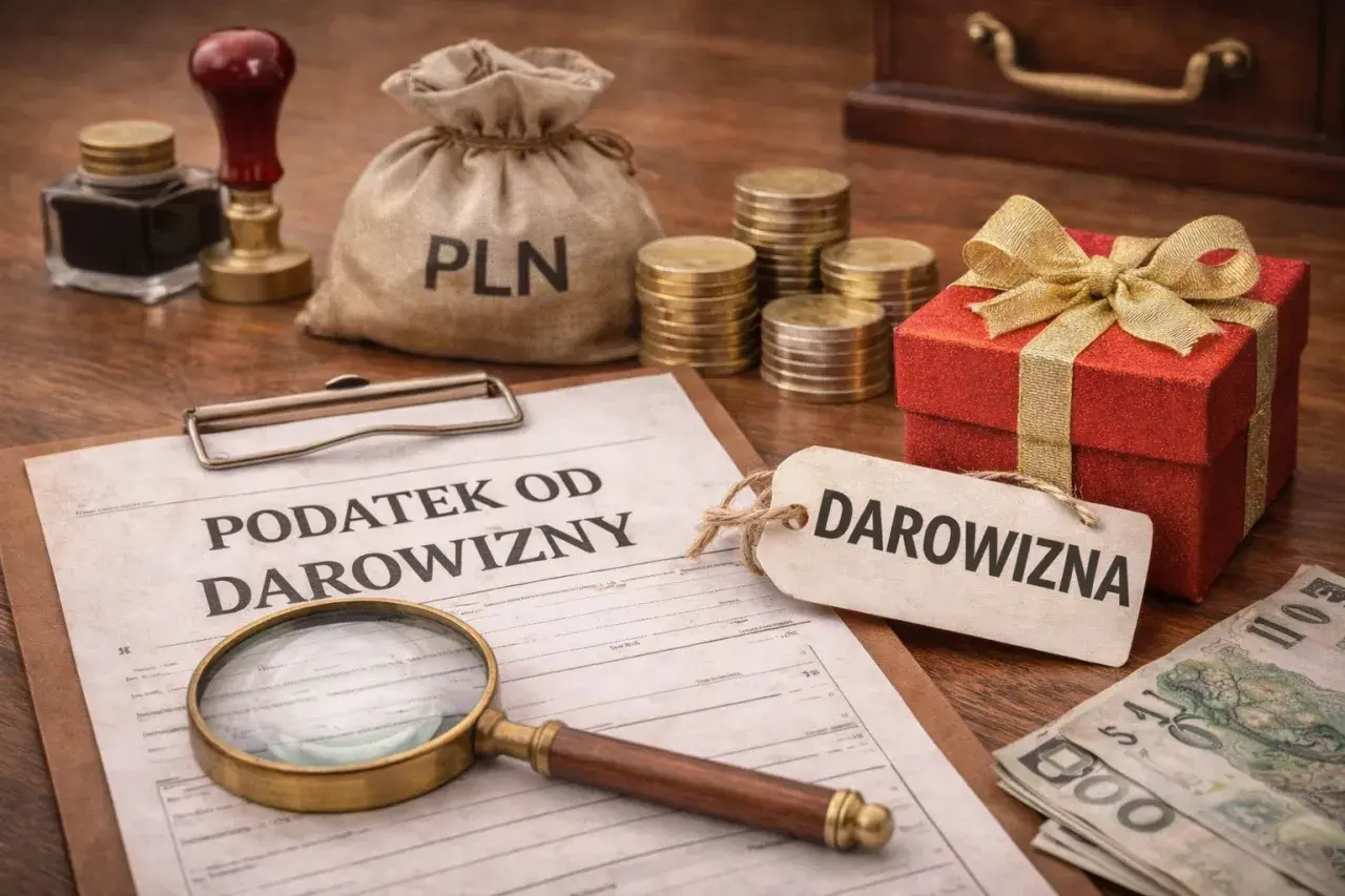 Dokument "Podatek od darowizny" obok prezentu, monet i worka z napisem PLN. Warto wiedzieć o podatku od darowizny w rodzinie.