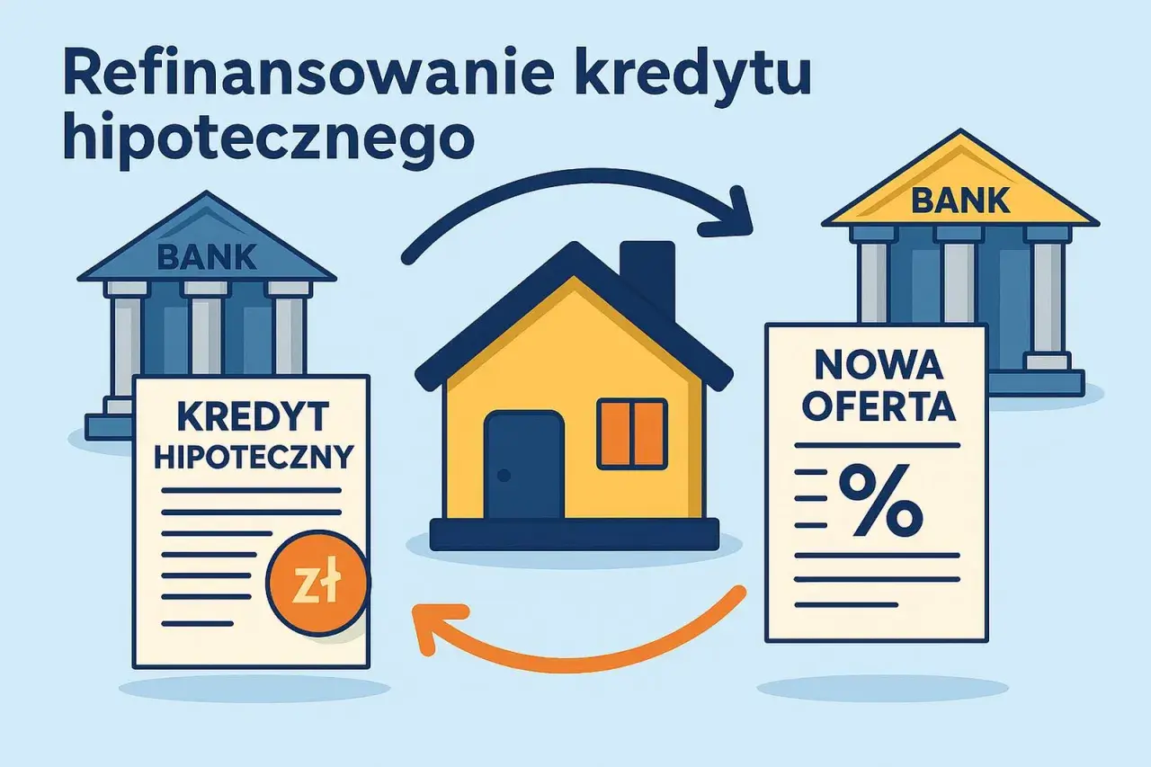 Ilustracja pokazuje proces refinansowania kredytu hipotecznego. Dom symbolizuje posiadanie nieruchomości, a strzałki pokazują przejście od starej oferty bankowej do nowej, korzystniejszej.