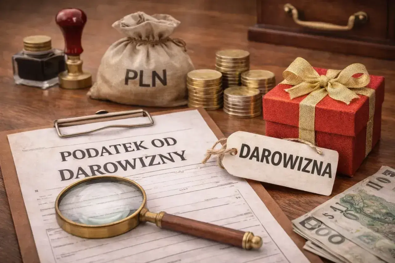 Dokument "Podatek od darowizny", lupa, worek z napisem PLN, monety, prezent i pieniądze. Zgłoszenie darowizny od rodziców.