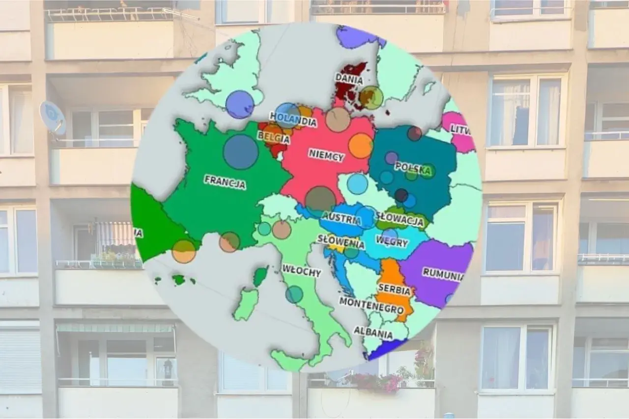 Mapa Europy z zaznaczonymi krajami i okręgami, pokazująca ceny nieruchomości.