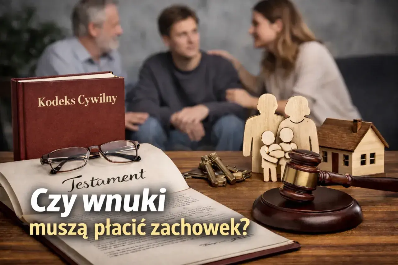 Na stole leży testament, obok Kodeks Cywilny, okulary, klucze, młotek sędziowski i figurki rodziny. W tle rodzina.