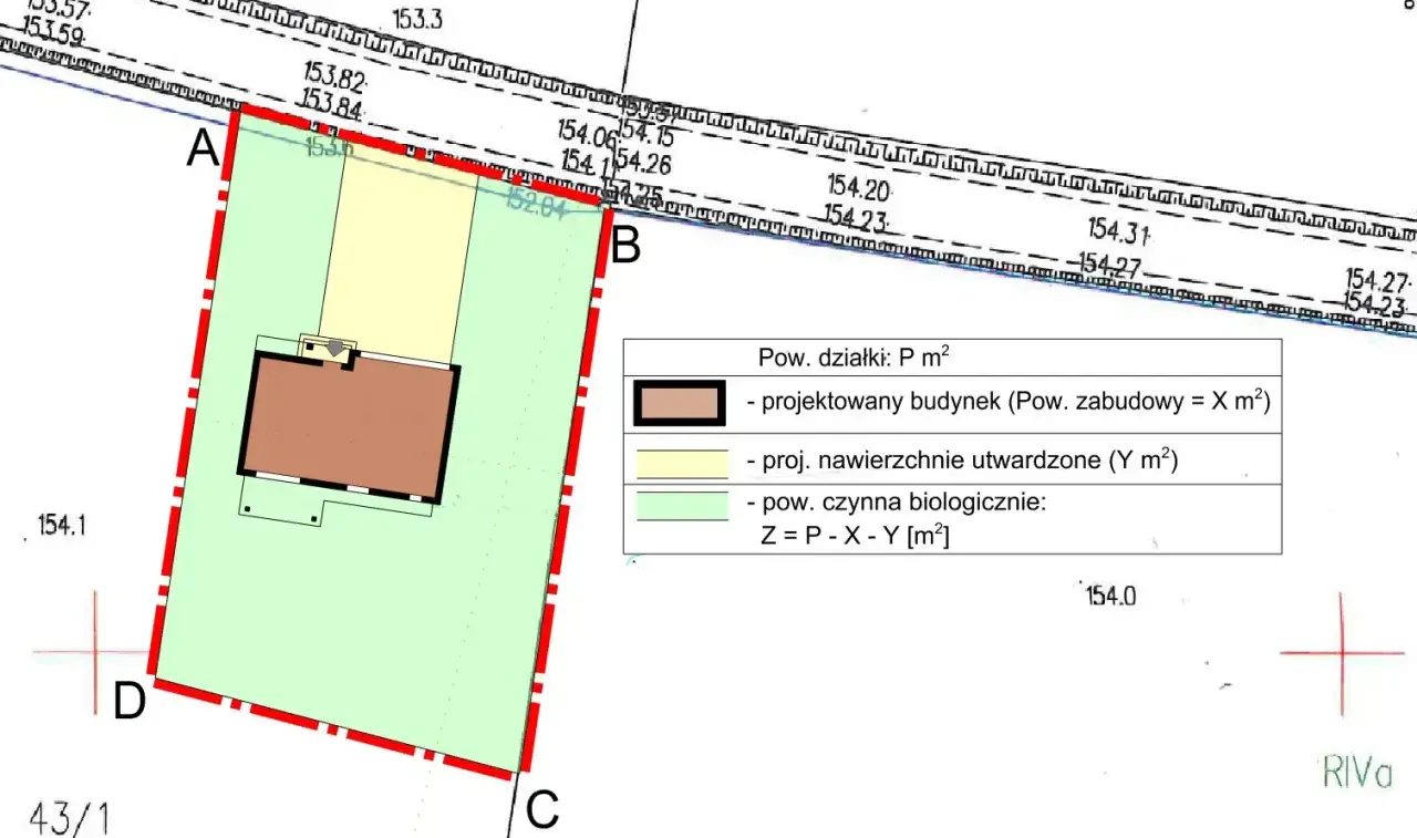 Plan działki z zaznaczonym projektowanym budynkiem i jego powierzchnią zabudowy. Wskazane warunki zabudowy.