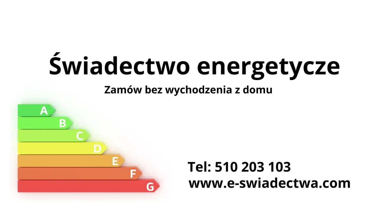 Grafika przedstawia skalę klas energetycznych budynków od A do G oraz tekst "Świadectwo energetyczne".