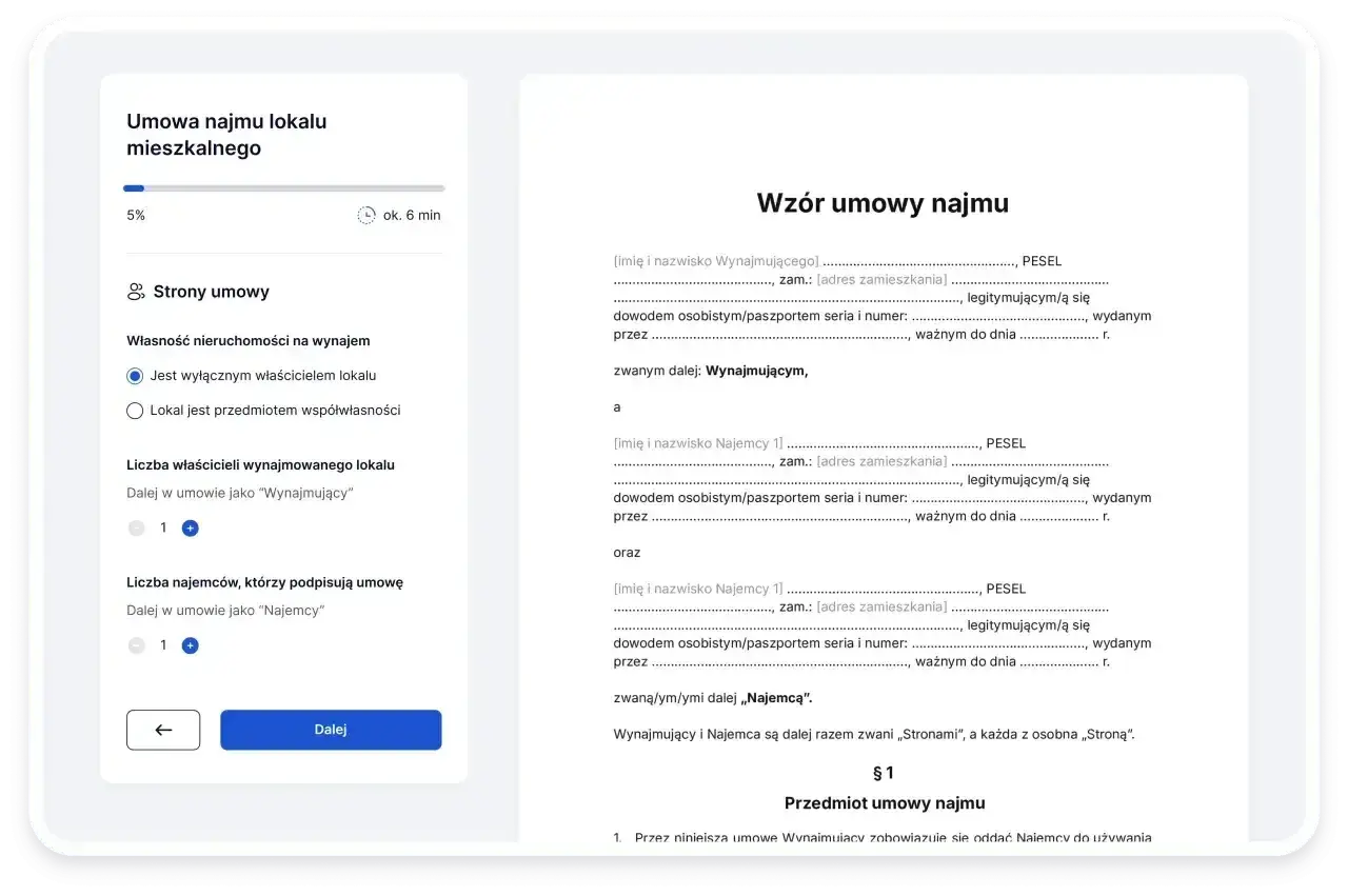 Formularz umowy najmu lokalu mieszkalnego, gdzie można określić dane wynajmującego i najemcy.