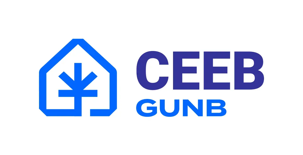 Logo CEEB GUNB - Centralna ewidencja emisyjności budynków. Symbol domu z symbolem energii.
