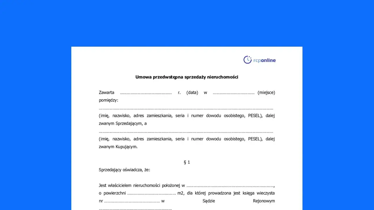 Umowa przedwstępna sprzedaży nieruchomości. Dokument zawiera dane sprzedającego i kupującego oraz oświadczenie sprzedającego o prawie własności.