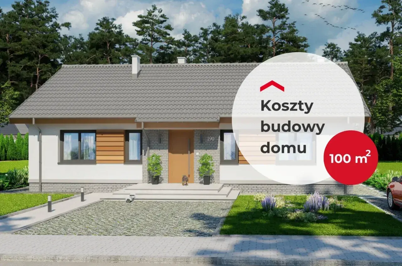 Nowoczesny dom jednorodzinny z podjazdem i ogrodem. Na zdjęciu widnieje napis "Koszty budowy domu 100 m²".