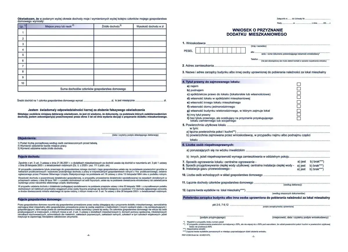 Wniosek o przyznanie dodatku mieszkaniowego. Formularz zawiera sekcje dotyczące danych wnioskodawcy, adresu, tytułu prawnego do lokalu, dochodów, wydatków na lokal oraz oświadczenia.