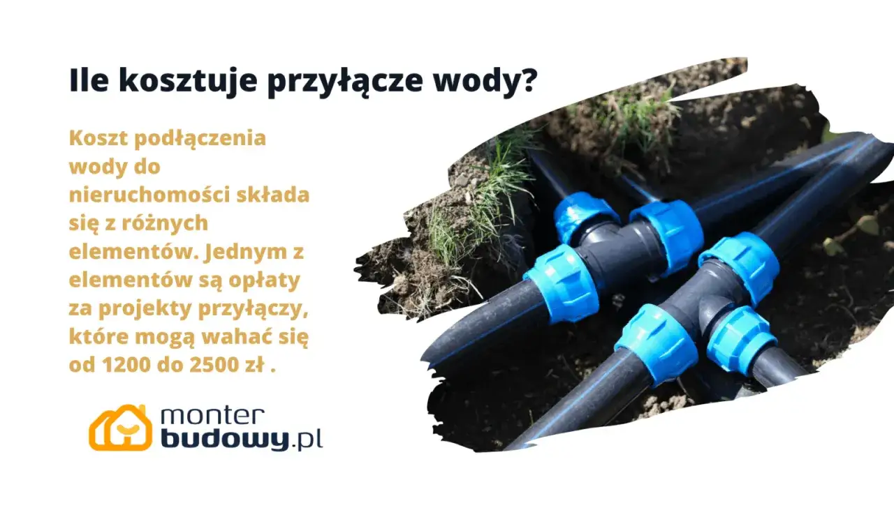 System przyłączy wody z niebieskimi złączkami, gotowy do montażu. Koszt przyłącza wody do nieruchomości może się wahać.