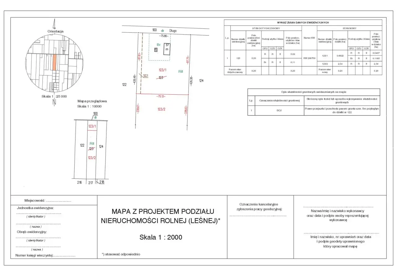 Mapa z projektem podziału nieruchomości rolnej z zaznaczoną służebnością gruntową (SG1) dla działki nr 122.