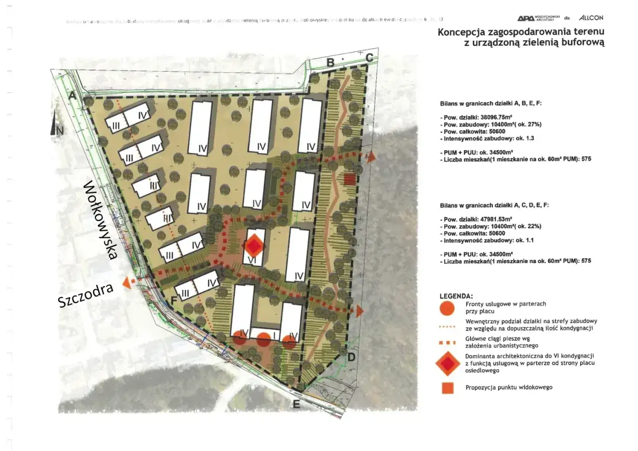 Plan zagospodarowania terenu z zielenią buforową, uwzględniający warunki zabudowy i rozmieszczenie budynków mieszkalnych.