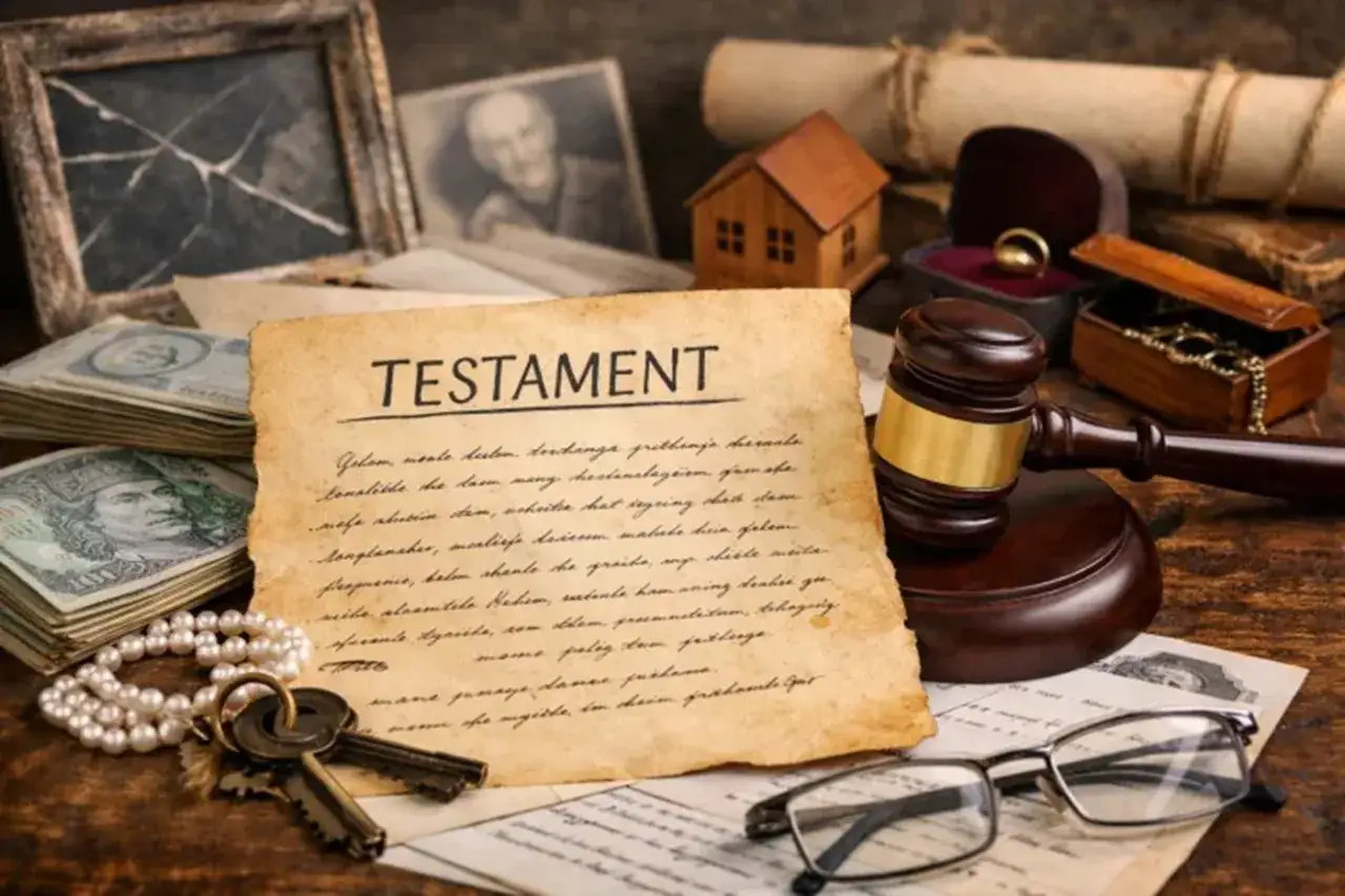 Stary testament, młotek sędziowski, pieniądze i biżuteria – symbole dziedziczenia i majątku.