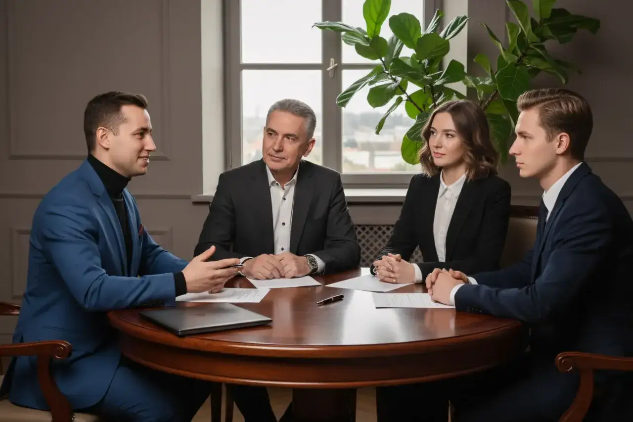 Biznesmeni dyskutują o podatku od darowizny przy okrągłym stole.
