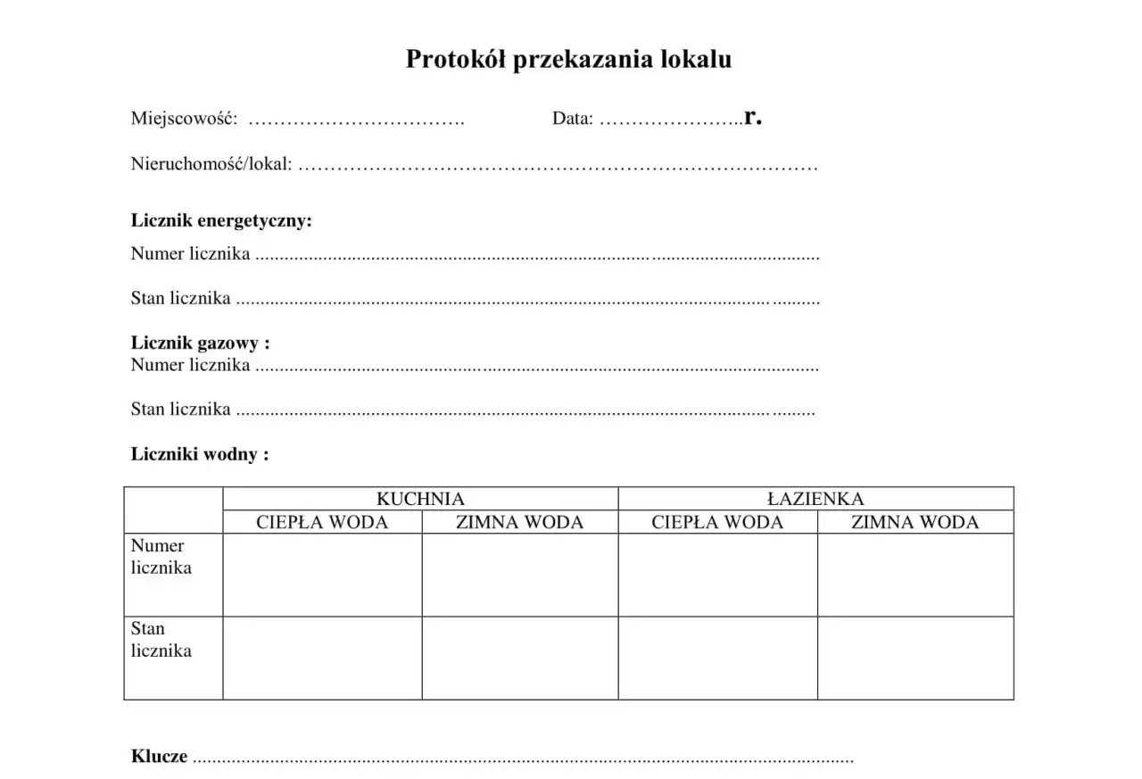 Protokół przekazania lokalu, gdzie najemca i wynajmujący odnotowują stany liczników (energii, gazu, wody) oraz klucze.