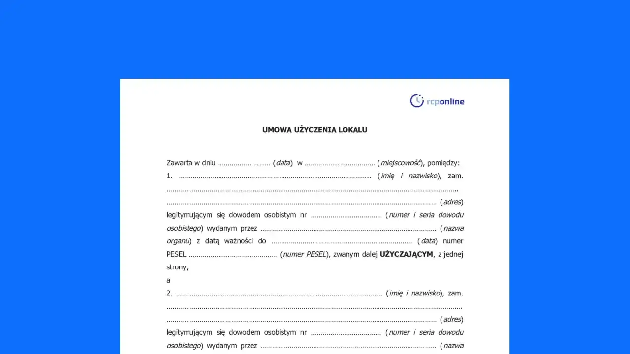 Formularz umowy użyczenia lokalu, zawierający pola do wpisania danych stron, daty i miejsca zawarcia umowy.