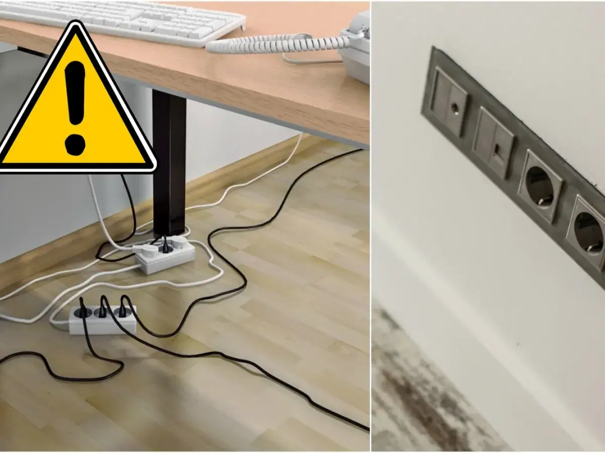 Ostrzeżenie przed bałaganem kabli pod biurkiem. Wtyczki i gniazdka tworzą plątaninę. Po prawej stronie widać schludną instalację elektryczną na ścianie.