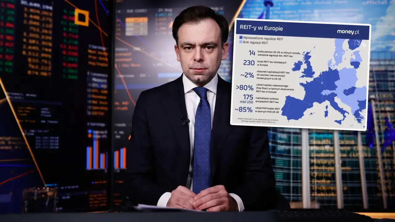 Mężczyzna w garniturze prezentuje dane o REIT-ach w Europie, podkreślając ich rozwój i znaczenie dla gospodarki.