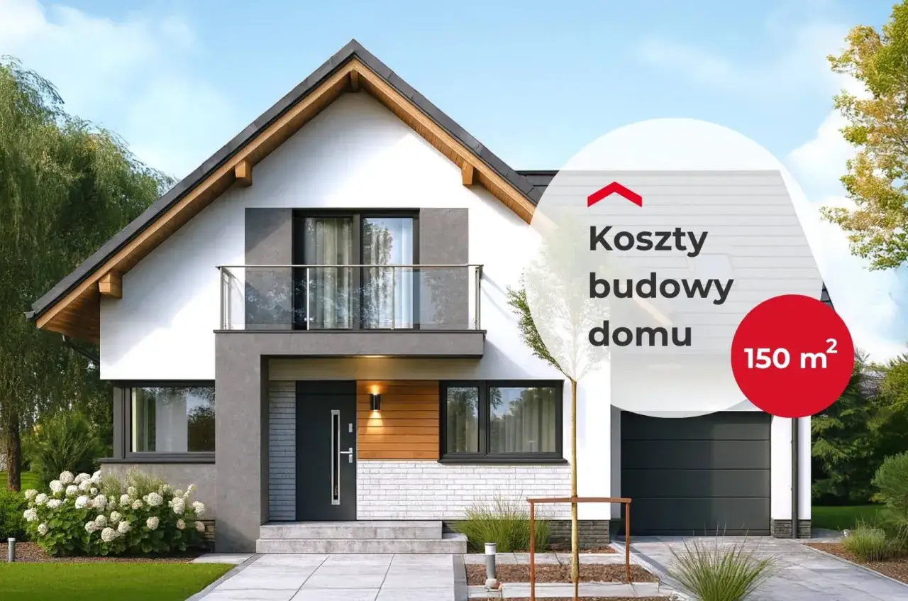Nowoczesny dom z garażem, na którym widnieje napis 