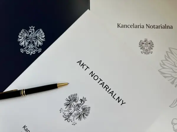 Długopis leży na dokumencie "AKT NOTARIALNY" z godłem Polski. To ważny krok do zawarcia **umowy przyrzeczonej**.